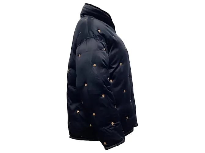 Chaqueta bomber de seda satinada vintage Loewe azul marino / dorada con tachuelas 