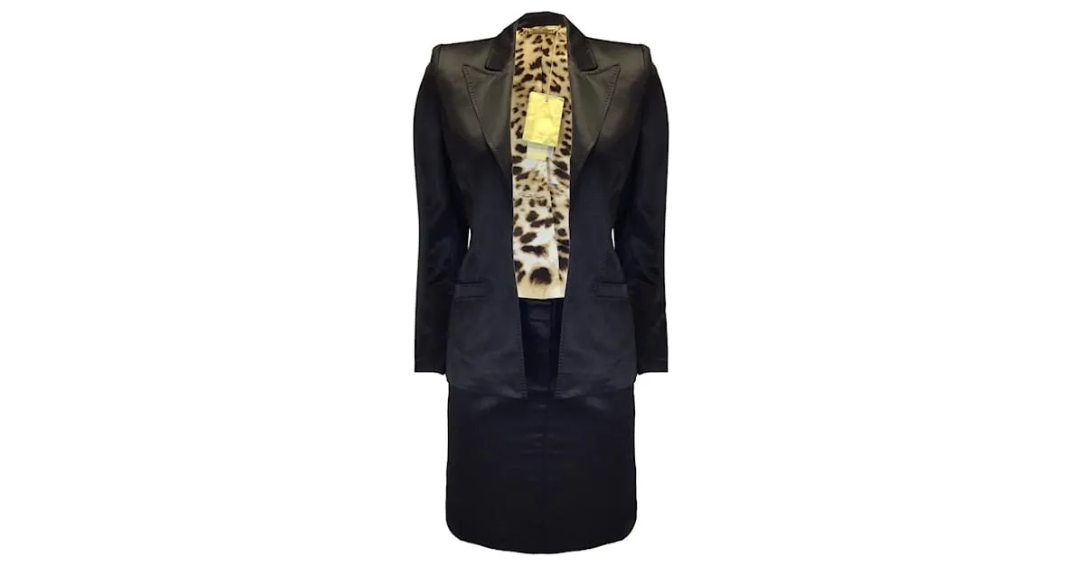 Conjunto de chaqueta y falda de satén negro / marrón con estampado de leopardo de Roberto Cavalli 