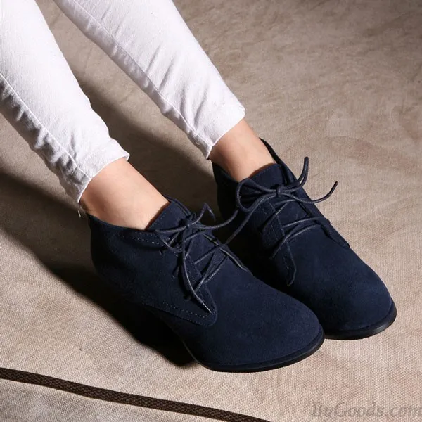 String Nubuck Leather Thick High Heel Ankle Boots