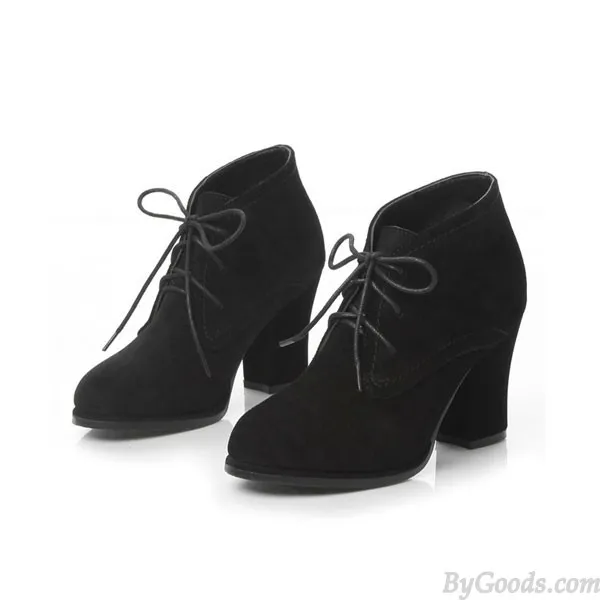 String Nubuck Leather Thick High Heel Ankle Boots