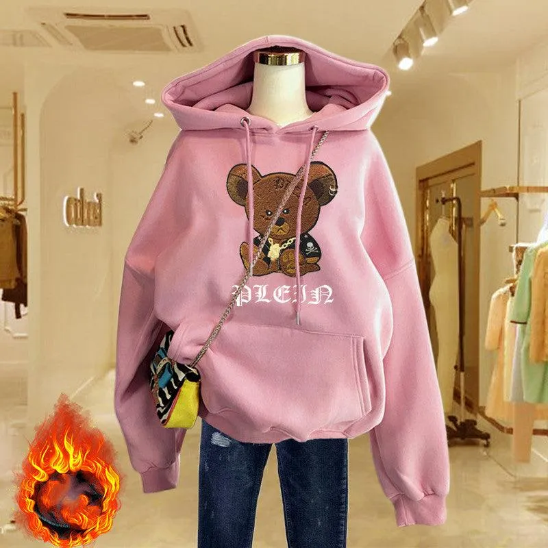 Sudadera con estampado de oso acolchado de felpa